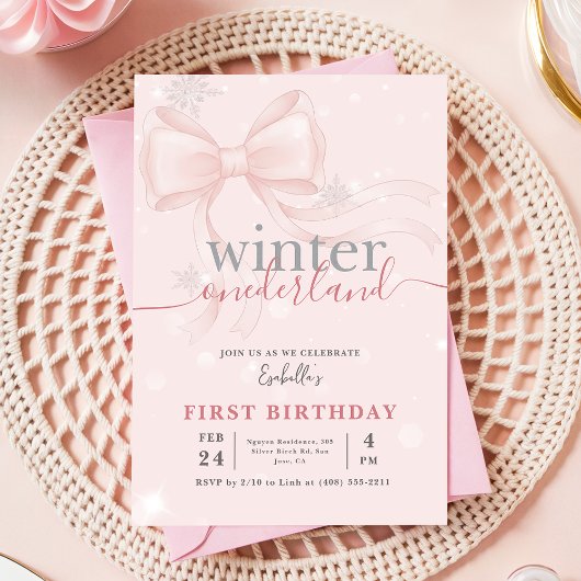 Winter Onederland Pink Snowflake Bow 1st Birthday Kaart