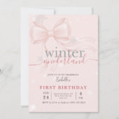 Winter Onederland Pink Snowflake Bow 1st Birthday Kaart (Voorkant)
