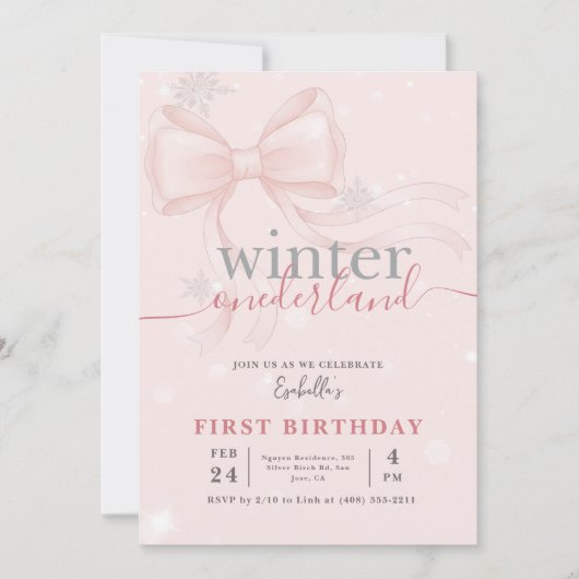 Winter Onederland Pink Snowflake Bow 1st Birthday Kaart (Voorkant)