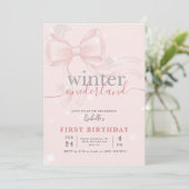 Winter Onederland Pink Snowflake Bow 1st Birthday Kaart (Staand voorkant)