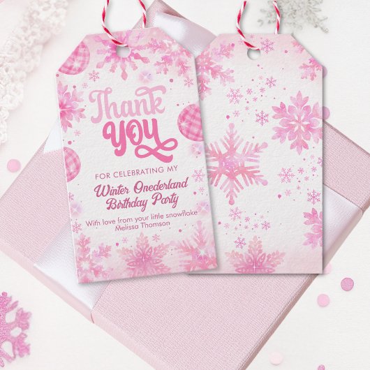 Winter Onederland Pink Snowflake First Birthday Cadeaulabel