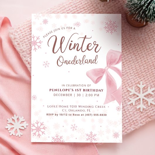 Winter Onederland Pink Snowflake First Birthday Kaart
