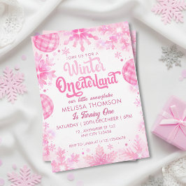 Winter Onederland Pink Snowflake First Birthday Kaart