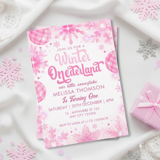 Winter Onederland Pink Snowflake First Birthday Kaart
