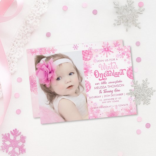 Winter Onederland Pink Snowflake Verjaardagsfoto Kaart
