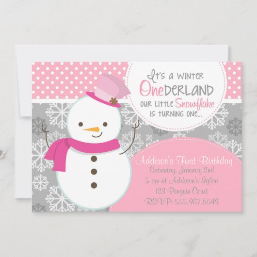 Winter ONEderland Pink Snowman Uitnodiging (Voorkant)