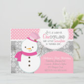 Winter ONEderland Pink Snowman Uitnodiging (Staand voorkant)