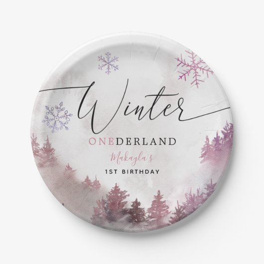 Winter ONEderland Pink Snowy Mountain Birthday Papieren Bordje (Voorkant)
