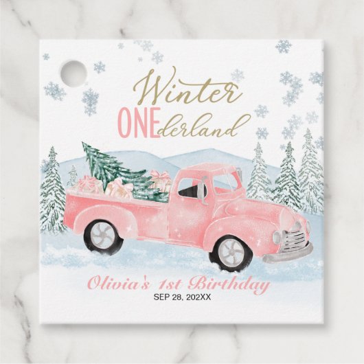 Winter Onederland Pink Truck First Birthday Bedankjes Labels (Voorkant)