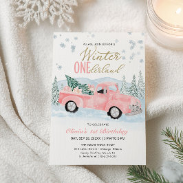 Winter Onederland Pink Truck First Birthday Kaart