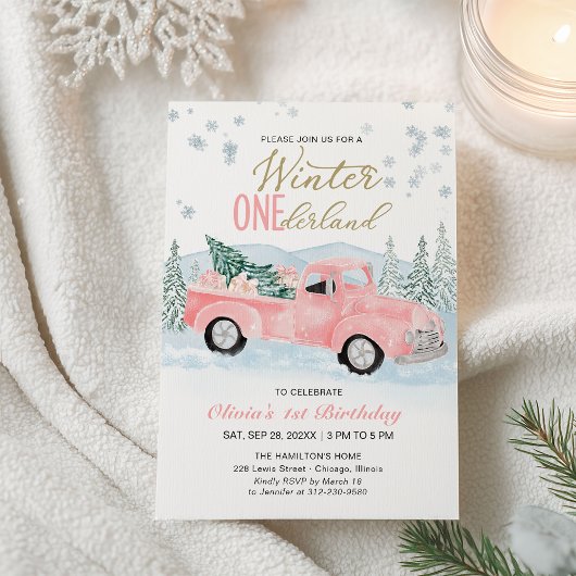 Winter Onederland Pink Truck First Birthday Kaart