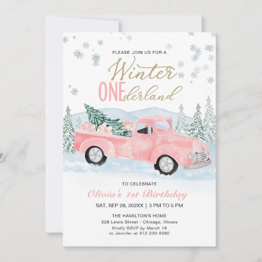 Winter Onederland Pink Truck First Birthday Kaart (Voorkant)