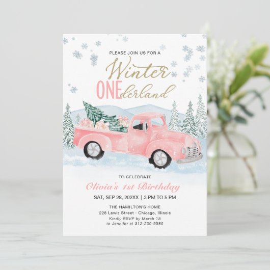 Winter Onederland Pink Truck First Birthday Kaart (Staand voorkant)