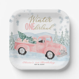 Winter Onederland Pink Truck First Birthday Papieren Bordje