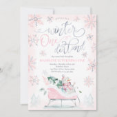 Winter ONEderland Pink Winter Sleigh 1st Birthday Kaart (Voorkant)