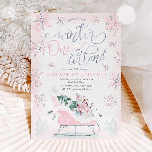 Winter ONEderland Pink Winter Sleigh 1st Birthday Kaart