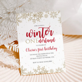 Winter Onederland Red 1st Birthday Gold Snowflakes Kaart