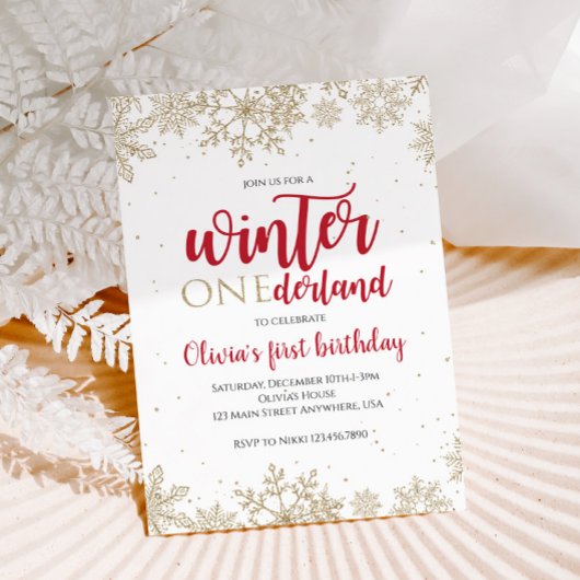 Winter Onederland Red 1st Birthday Gold Snowflakes Kaart