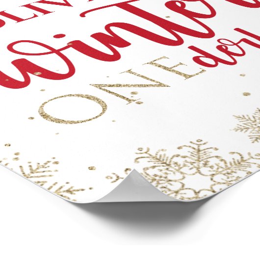 Winter Onederland Red 1st Birthday Gold Snowflakes Poster (Hoek)