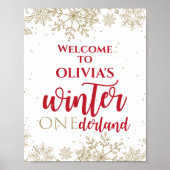 Winter Onederland Red 1st Birthday Gold Snowflakes Poster (Voorkant)
