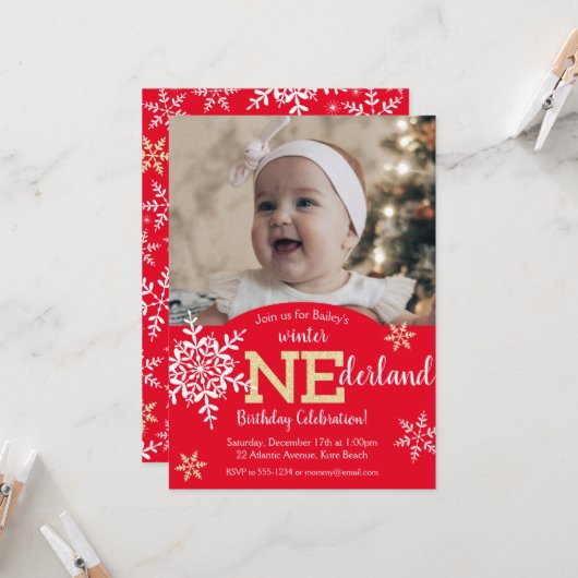 Winter ONEderland Red Gold Glitter 1st verjaardag Kaart (Voorkant / Achterkant in situ)