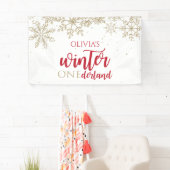 Winter ONEderland Red Gold Glitter Sneeuwvlokken Spandoek (Insitu)