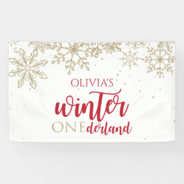 Winter ONEderland Red Gold Glitter Sneeuwvlokken Spandoek