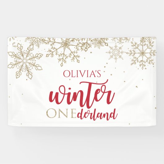 Winter ONEderland Red Gold Glitter Sneeuwvlokken Spandoek (Horizontaal)