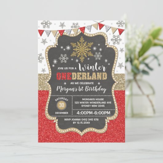 Winter Onederland Red Gold Snowflake 1e verjaardag Kaart (Staand voorkant)
