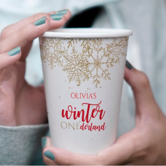 Winter ONEderland Red met gouden sneeuwvlok Verjaa Papieren Bekers