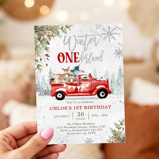 Winter ONEderland Red Truck 1st Birthday Invitatio Kaart