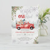 Winter ONEderland Red Truck 1st Birthday Invitatio Kaart (Staand voorkant)