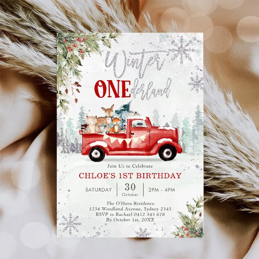 Winter ONEderland Red Truck Birthday Invitation Kaart