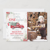 Winter Onederland Red Truck Boy First Birthday Kaart (Voorkant)