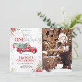 Winter Onederland Red Truck Boy First Birthday Kaart (Staand voorkant)