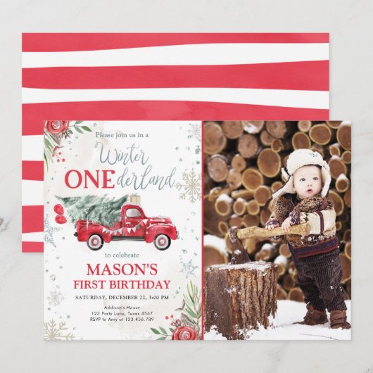 Winter Onederland Red Truck Boy First Birthday Kaart (Voorkant / Achterkant)