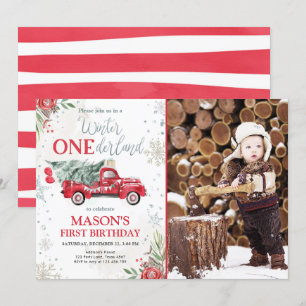 Winter Onederland Red Truck Boy First Birthday Kaart