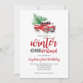 Winter Onederland Red Truck First Birthday Kaart (Voorkant)