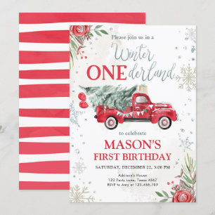 Winter Onederland Red Truck First Birthday Kaart