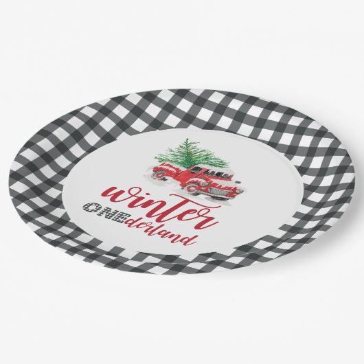 Winter Onederland Red Truck First Birthday Papieren Bordje (Gekanteld)