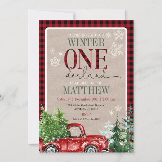 Winter ONEderland Red Truck Forest Birthday Kaart (Voorkant)