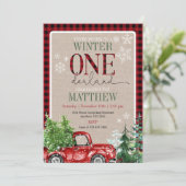 Winter ONEderland Red Truck Forest Birthday Kaart (Staand voorkant)