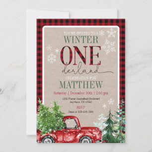 Winter ONEderland Red Truck Forest Birthday Kaart