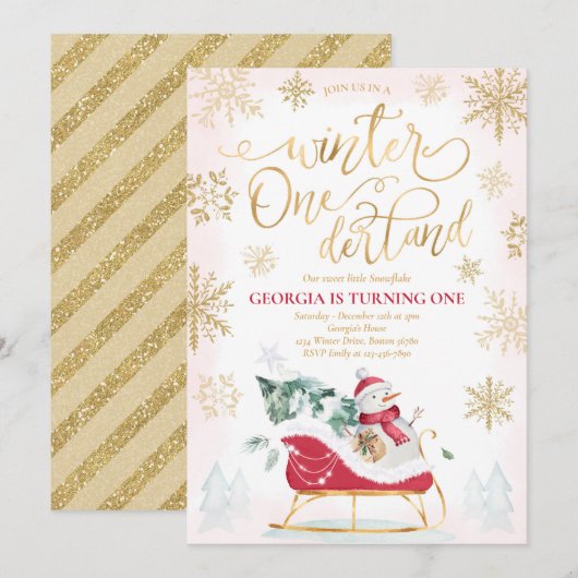 Winter ONEderland Red Winter Sleigh 1st Birthday Kaart (Voorkant / Achterkant)