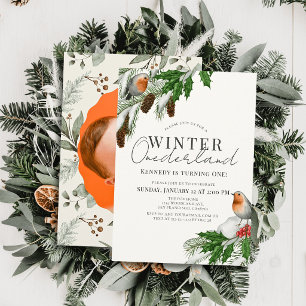 Winter Onederland Robins & Sneeuw Foto 1e Verjaard Kaart