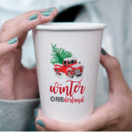 Winter Onederland Rode Truck Eerste Verjaardag Papieren Bekers