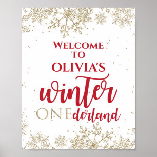 Winter Onederland Rood 1e Verjaardag Gouden Sneeuw Poster