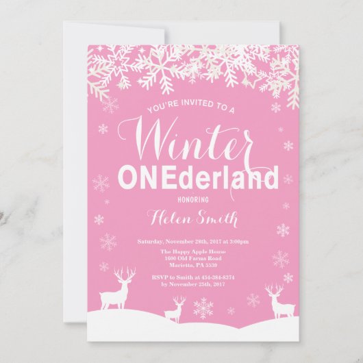 Winter Onederland Roze 1e verjaardag uitnodiging (Voorkant)