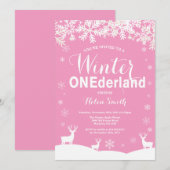 Winter Onederland Roze 1e verjaardag uitnodiging (Voorkant / Achterkant)