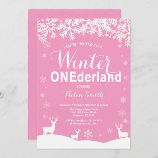 Winter Onederland Roze 1e verjaardag uitnodiging (Voorkant / Achterkant)